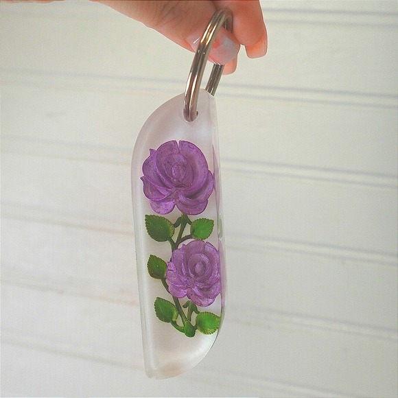 Handmade Accessories - Purple Flower Keychain Bag Charm Two Stem Roses Handmade Resin Fob Holder